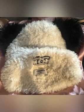 CHANEL Cream Faux Fur Hat with Black Pom